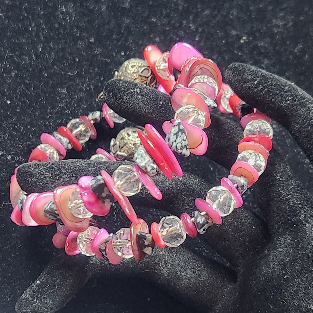 Pink Red Shell Chip Memory Wire Wrap Bracelet Snowflake Obsidian Glass Beads